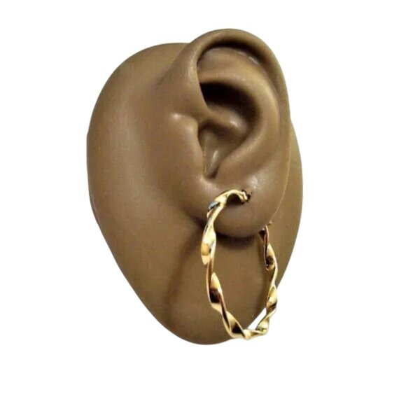 1 1/4 Inch 34mm Twisted Hoop Pierced Post Earrings Gold Tone 3mm Band - Picture 4 of 6